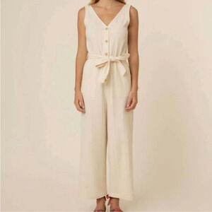 FRNCH Paris Laurena Cotton Gauze Jumpsuit Button Tie Belt Wide Leg V Lagenlook